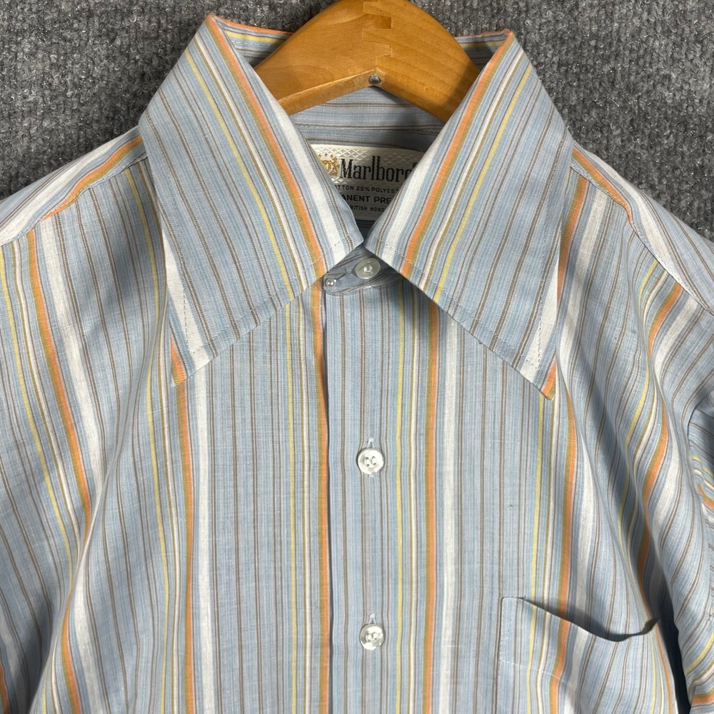 Vintage Marlboro Shirt Mens 15.5 M Blue Striped Deadstock Permanent Press 70s
